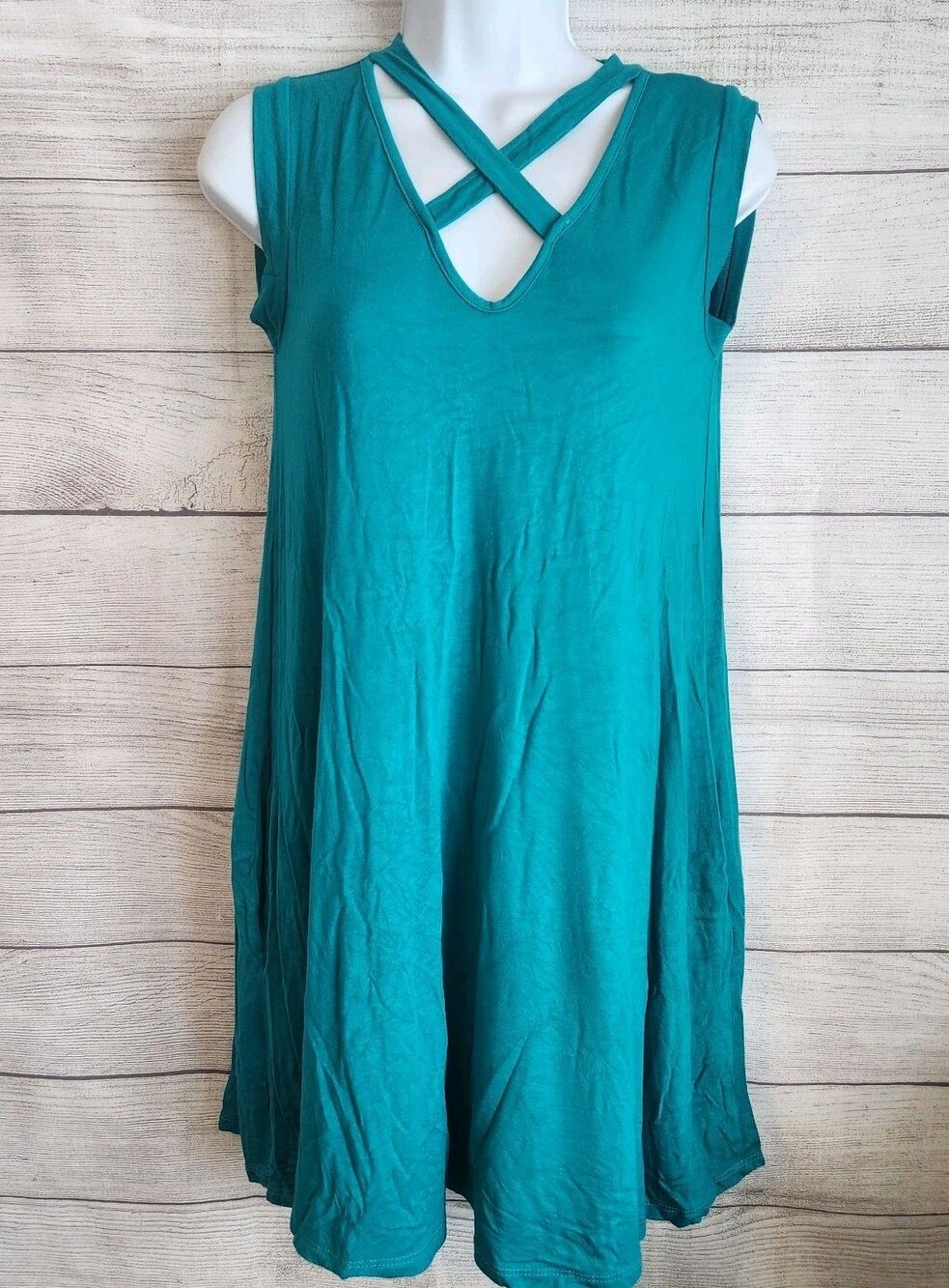 Voll Women’s Small Green Swing Dress Strappy Neck Boho with pockets